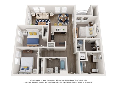 Floor plan for 3 beds, 2 baths, 1050 sqft